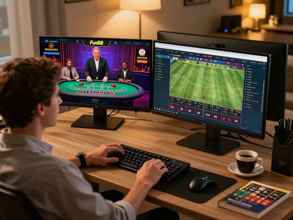 Engaging gaming experience at Fun88 displaying live dealer blackjack and sports betting options on dual monitors.