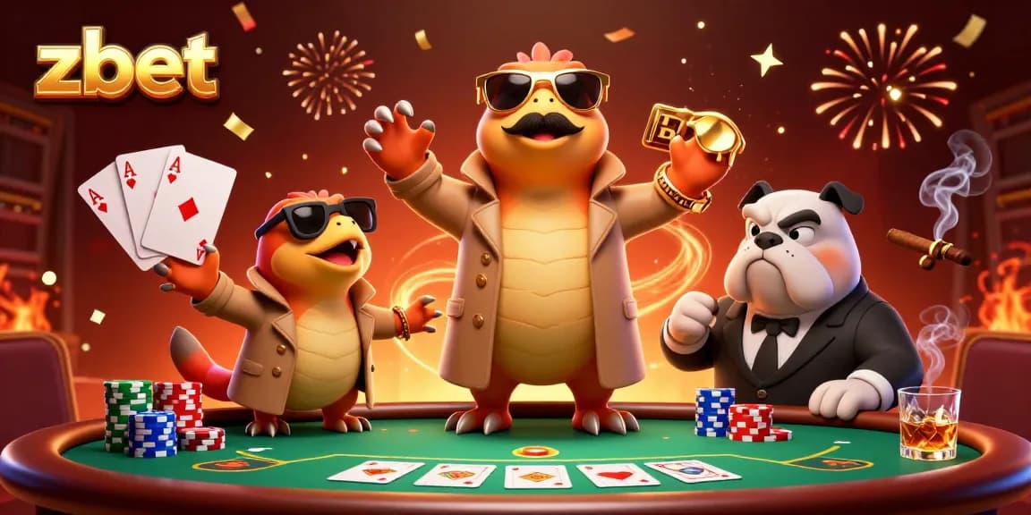 Zbet players enjoying a lively casino scene filled with poker, chips, and golden confetti.