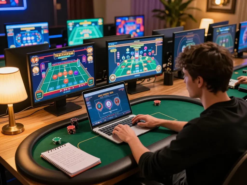 Player engaged in online poker gameplay, nhacaiuytinn showcaes a vibrant gaming setup