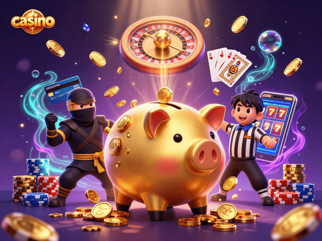 Engaging casino scene with golden piggy bank sumo wrestler and dynamic gambling elements