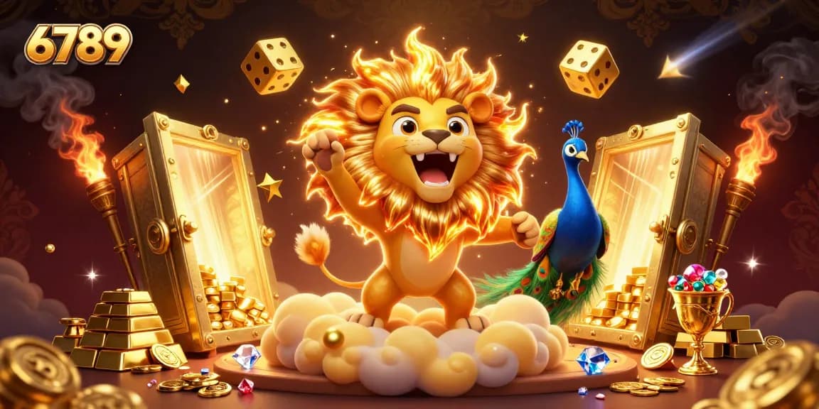 Engage with captivating casino action in 6789, featuring the roaring sun lion amidst golden treasures and dynamic game elements.