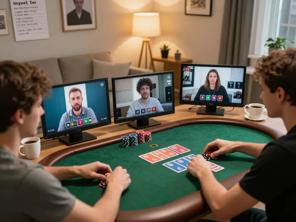 Players engaging in an online poker game at ALO8 with betting options visible on screens, creating a strategic gaming atmosphere.
