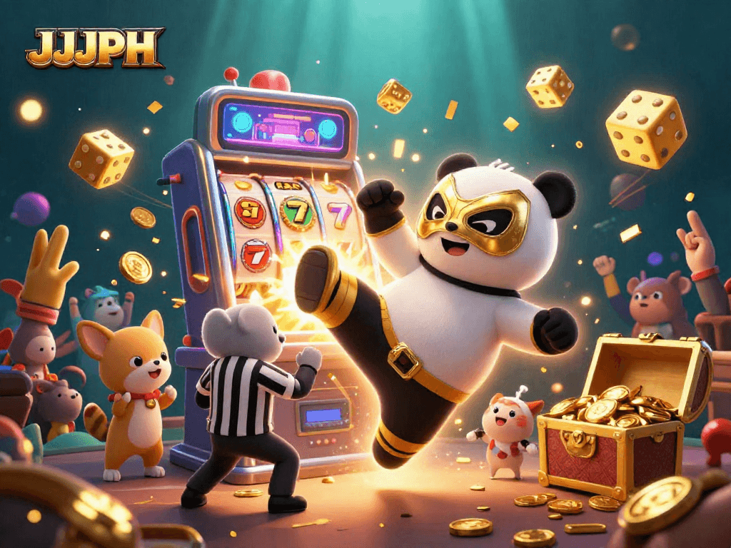 Experience the vibrant thrill of JJJPH with a 3D illustration of a wrestler panda and casino excitement.