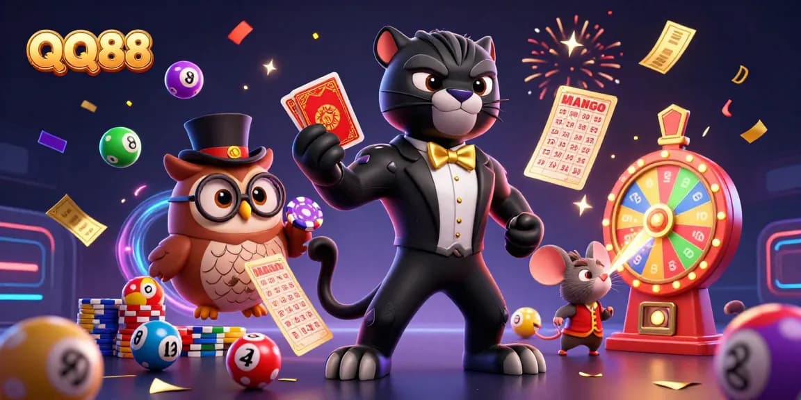 Experience QQ88 excitement with a stylish black panther, owl, and lucky mouse at a vibrant casino!