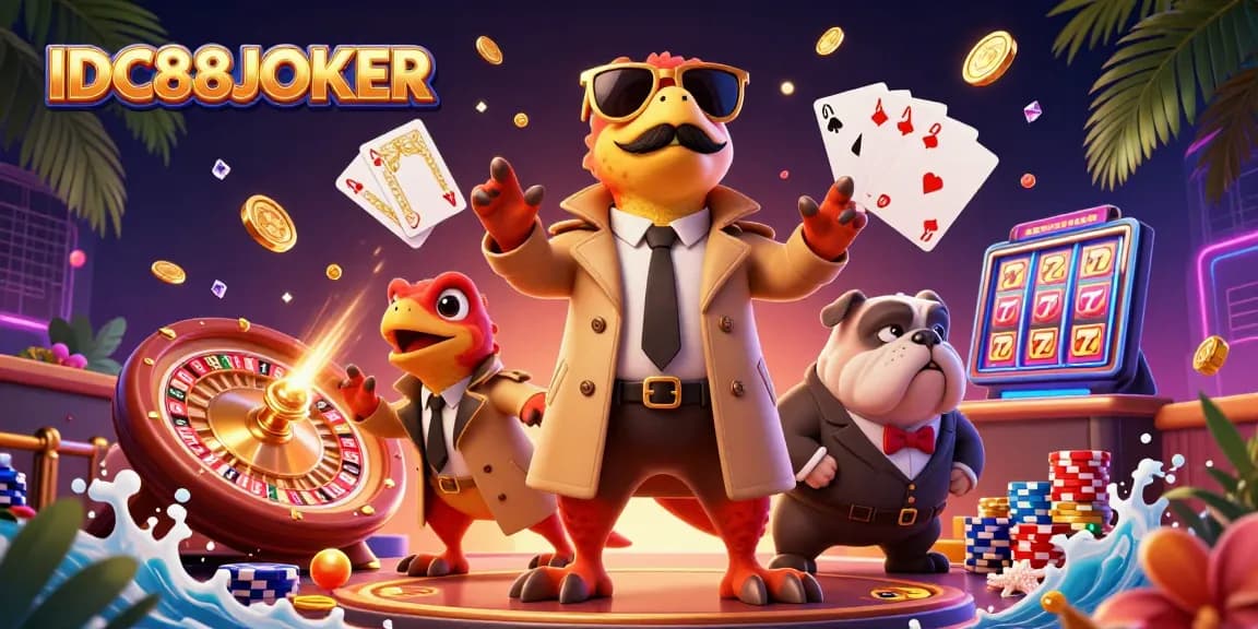 Experience thrilling gaming action at IDC88JOKER with cartoon raptors, gold coins, and spinning roulette.