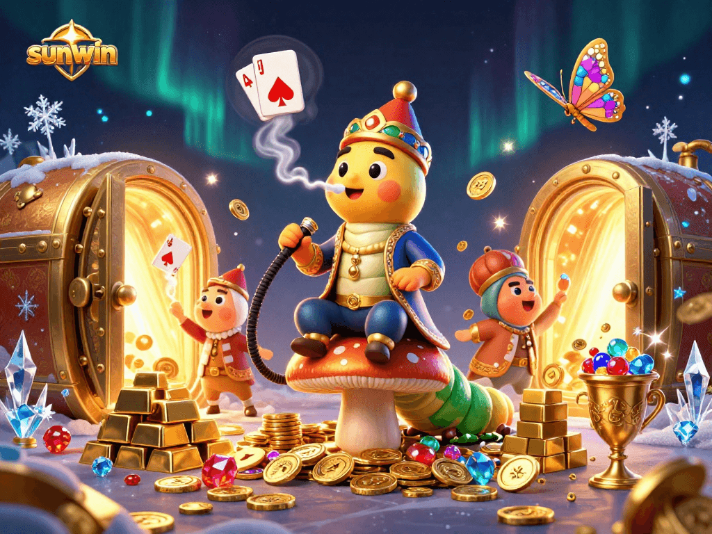 Experience the magic of sunwin with vibrant casino illustrations featuring poker symbols and treasures.