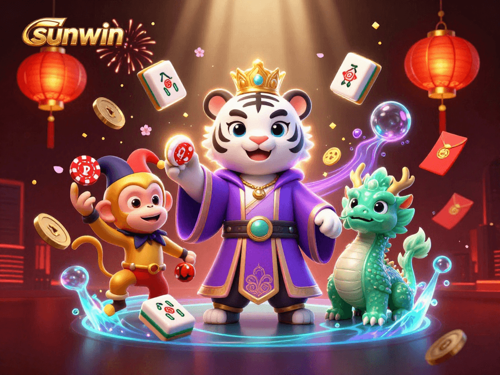 Engage with sunwin's vibrant 3D illustration, showcasing a tiger, monkey, and dragon amid casino elements.