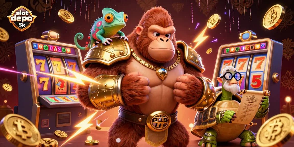 Engage with the thrilling slot depo 5k experience flanked by 3D characters amidst vibrant casino elements.