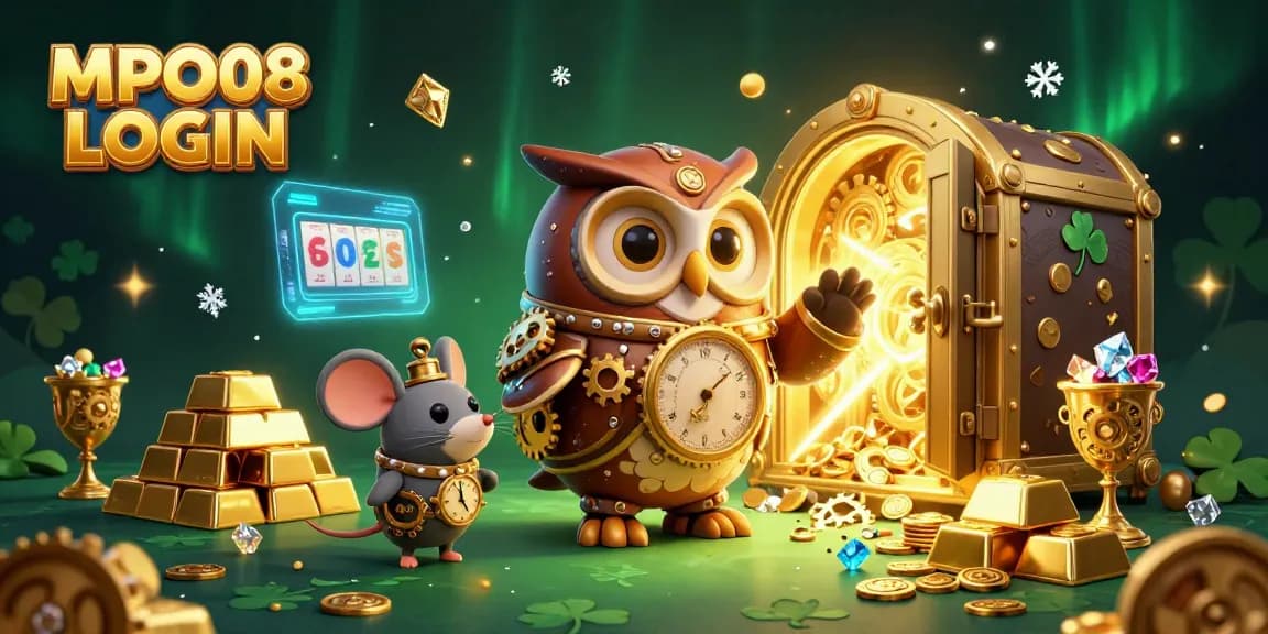 MPO08 LOGIN unlocks thrilling gameplay with a captivating 3D illustration of a casino adventure featuring an owl and mouse.