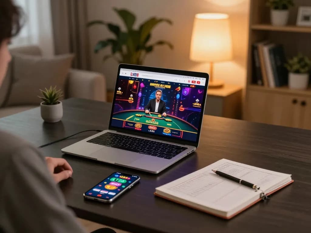 Engaging online gaming setup with LV88 casino app on smartphone, showcasing strategic gameplay in a cozy home environment.
