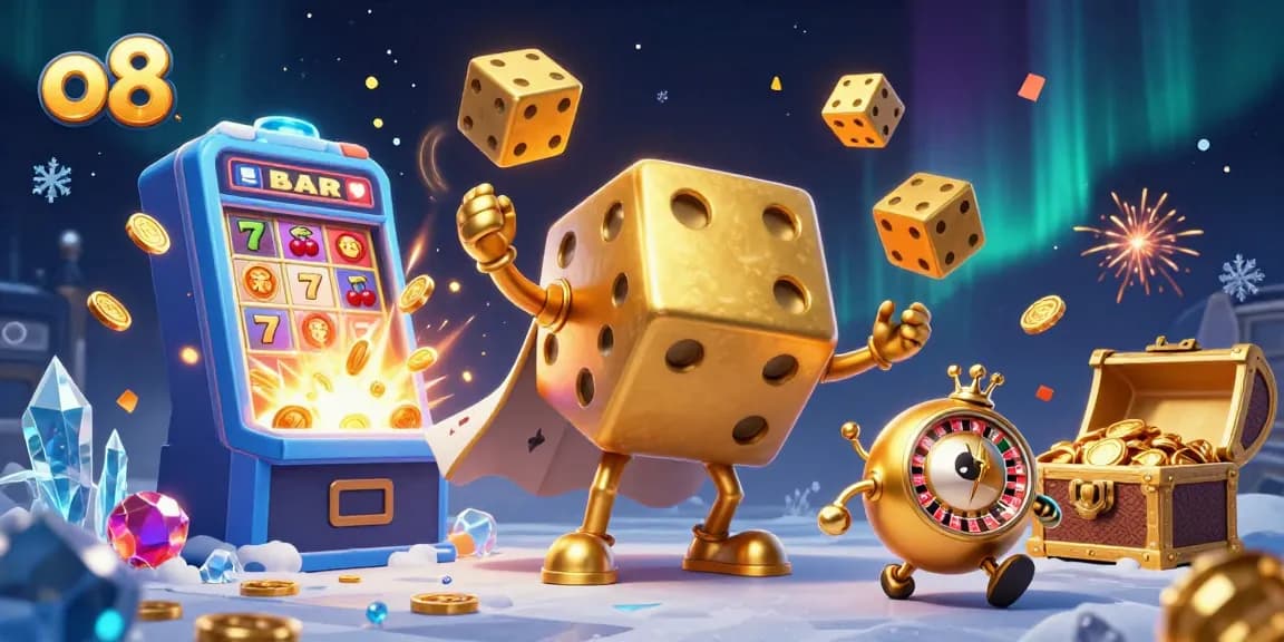 Experience the excitement of o8's casino games with golden dice, jackpots, and vibrant symbols.