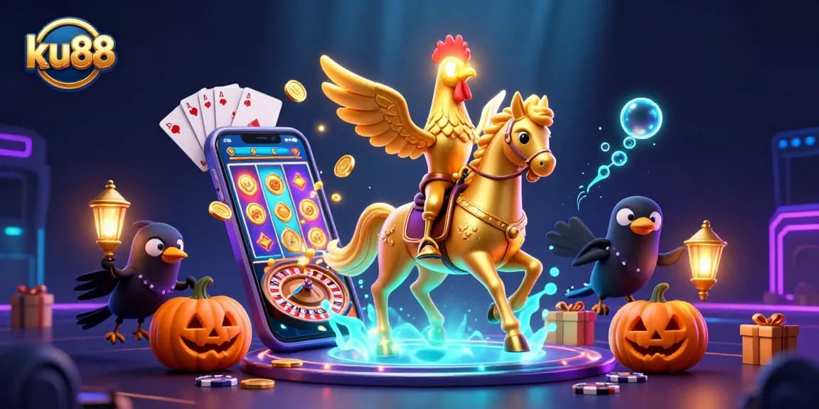 Win big at ku88 with an enchanting golden rooster riding a spectral horse amidst a vibrant casino scene.