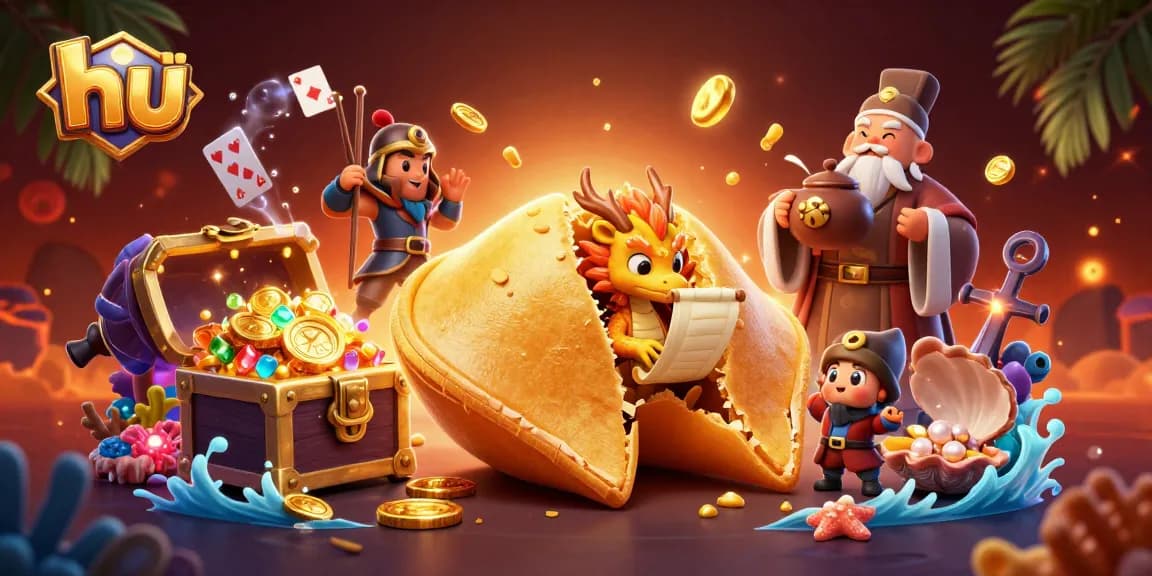 Engage with hu's vibrant casino scene featuring a golden fortune cookie and magical characters.