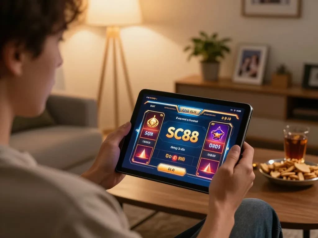 Engaging in SC88 đăng ký online gaming on a tablet at home with vibrant graphics and cozy decor.