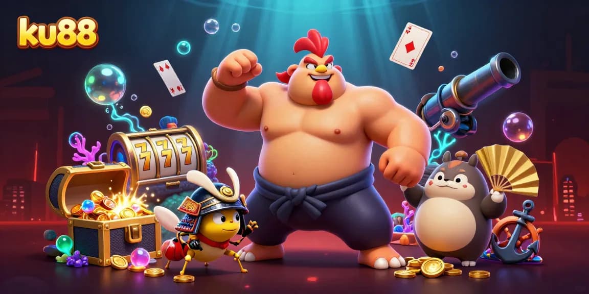 ku88 showcases an exciting casino scene with vibrant characters and dynamic slot elements.