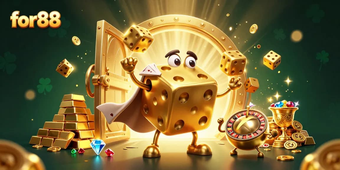 Experience exciting gameplay at for88 with golden dice and treasure bursting forth in this vibrant casino scene.