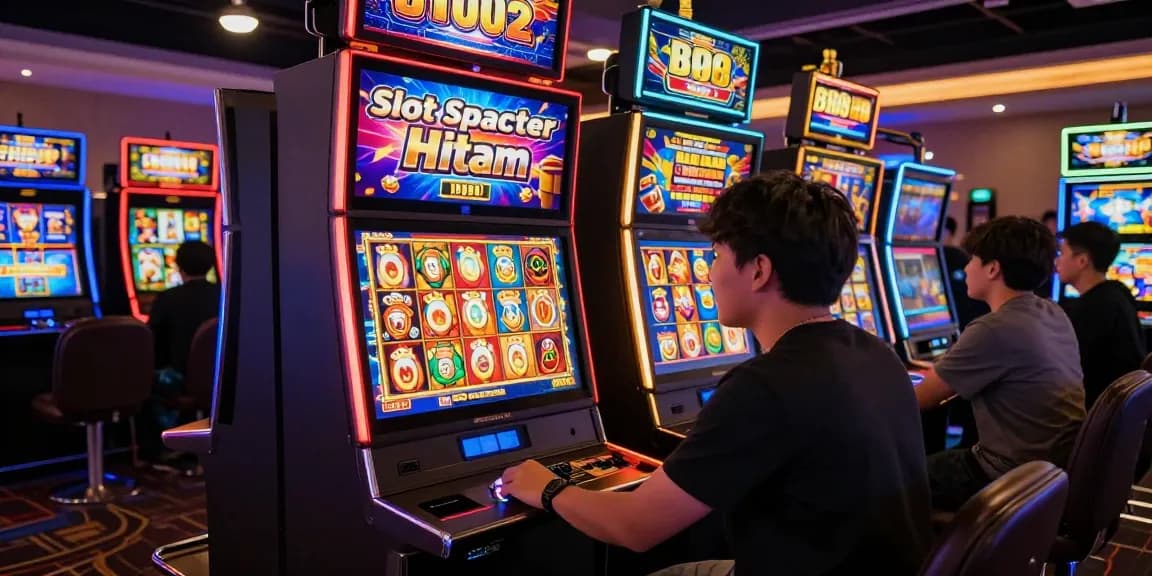 Excited player winning at Slot Scatter Hitam in vibrant casino atmosphere with colorful slot machines.