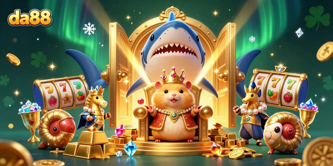 Engage with da88's thrilling slots scene featuring a golden hamster king amidst treasure and games.
