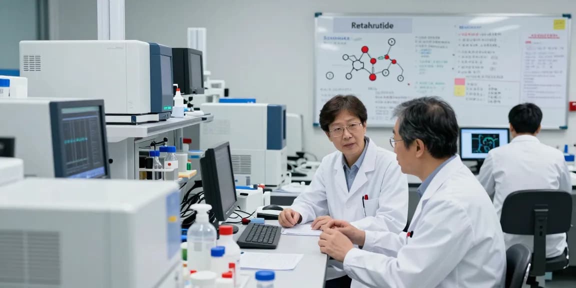 Order retatrutide Canada at a modern lab with scientists analyzing peptide data, emphasizing quality research and innovation.
