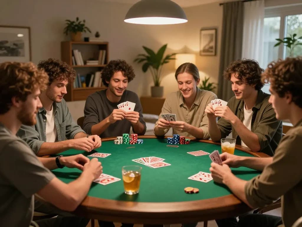 Friends enjoying an engaging poker game at home while discussing MPO08 Link strategies.
