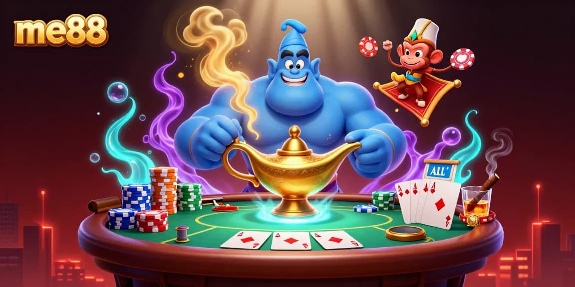 Experience thrilling action with me88, showcasing a blue genie, poker chips, and vibrant casino elements.