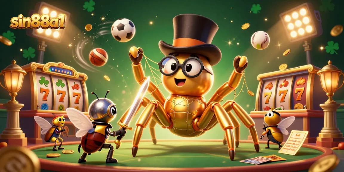 Engage with sin88a1's vibrant casino scene featuring a golden tarantula, beetle knight, and lively gaming elements.