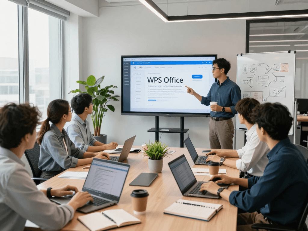 在WPS Office下载官网上展示团队合作和软件功能的现代办公场景