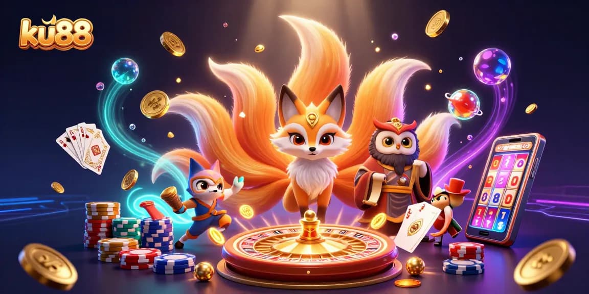 Engage in exciting casino gameplay with ku88's vibrant 3D illustration featuring colorful characters and casino elements.