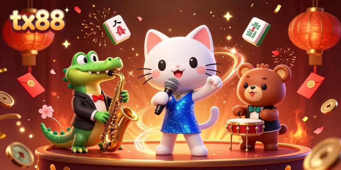 Experience the thrilling ambiance of tx88 with colorful characters and festive casino elements.