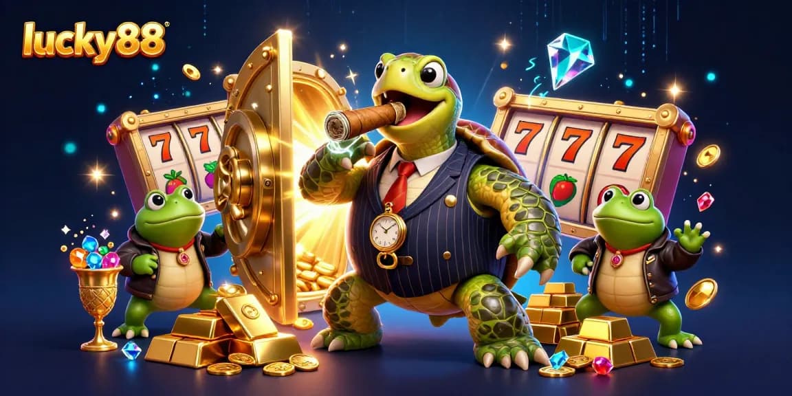 Engage with lucky88’s vibrant casino atmosphere featuring a turtle mobster and bullfrog enforcers amidst slot reels.
