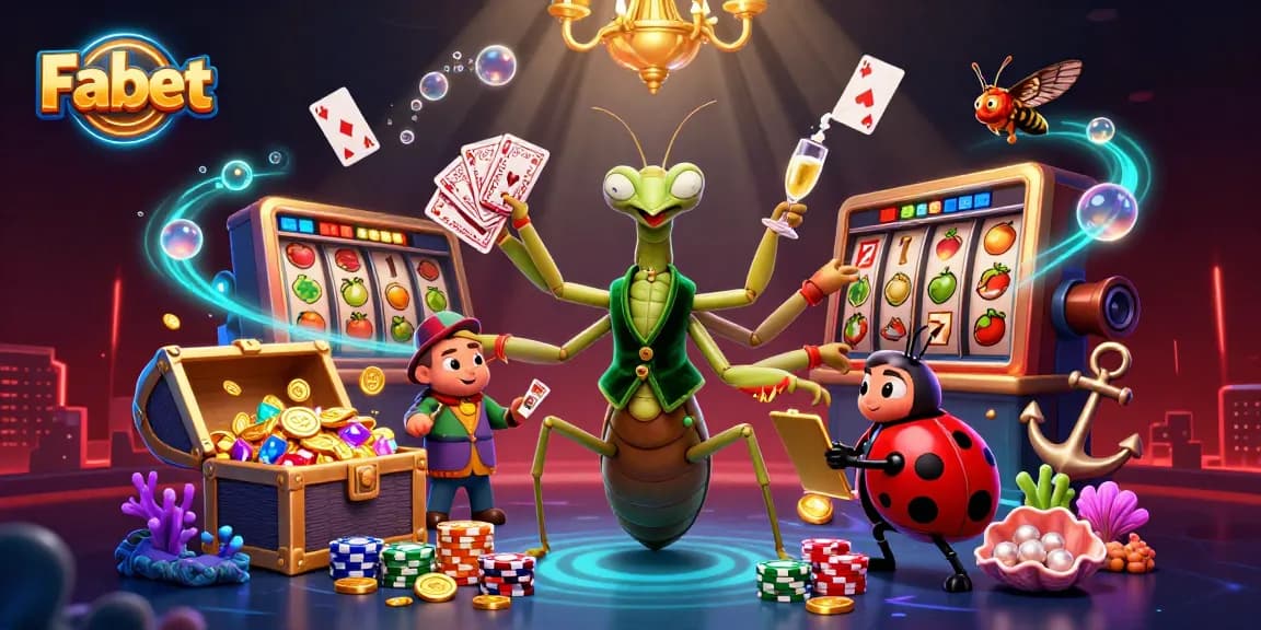 Fabet's vibrant casino scene showcases slot reels and a giant praying mantis card sharp.