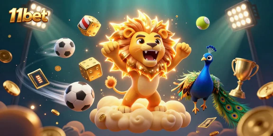 Experience the thrill of 11bet with a vibrant casino scene featuring a roaring lion and sports elements.