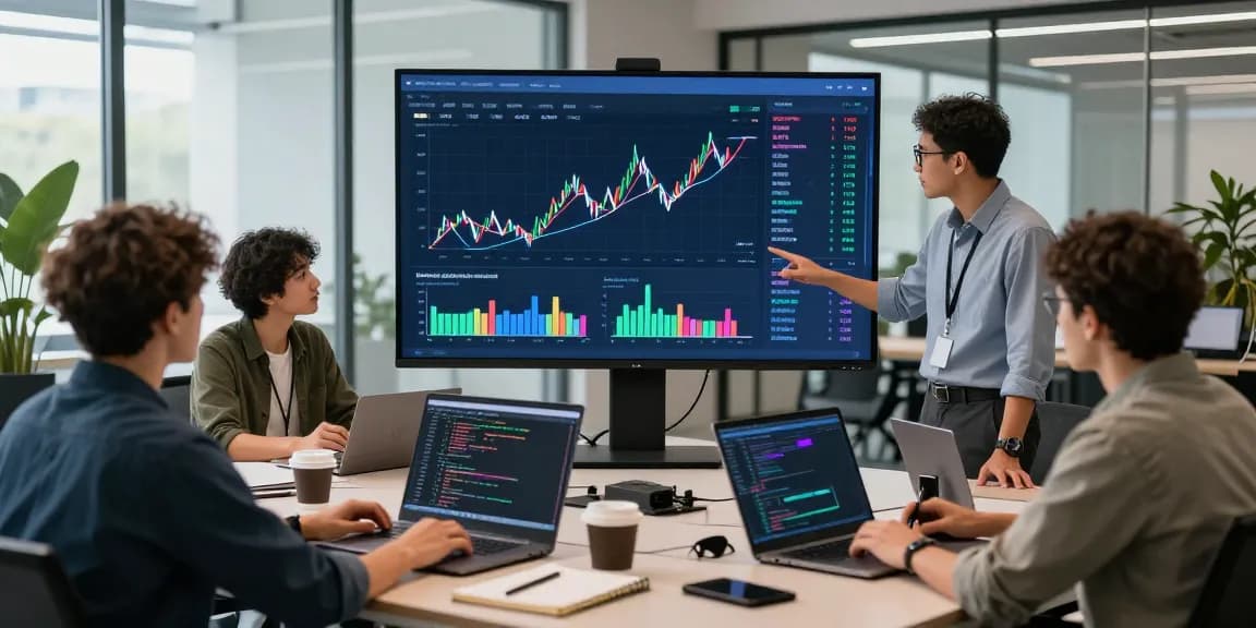 Dynamic workspace showing developers analyzing usdt0 liquidity data in a modern office.