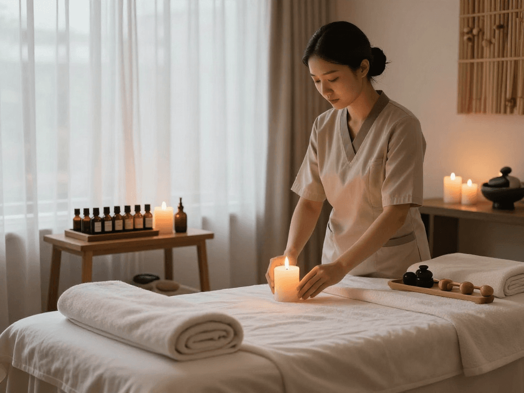 Relaxation and rejuvenation during a 화성출장마사지 in a tranquil spa room.
