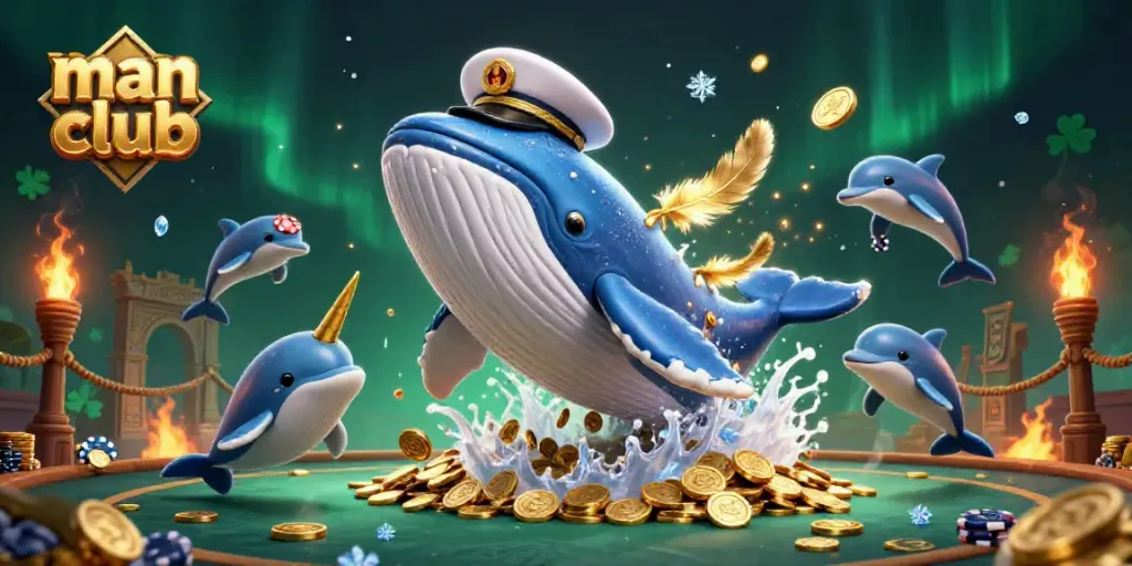 Experience excitement with the man club as the whale and narwhal conquer a sea of coins.
