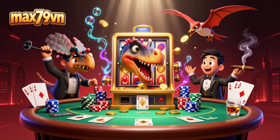 Catch the jackpot at max79vn with a pachycephalosaurus and a pteranodon in a colorful casino chaos!