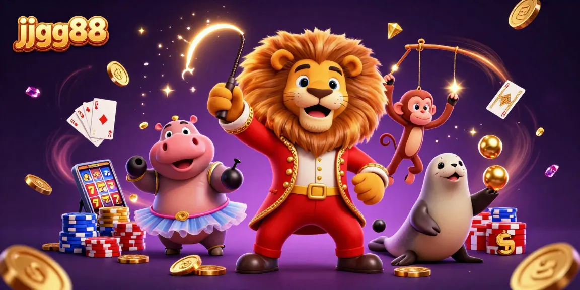 Spin with joy at jjgg88 as a playful lion ringmaster leads a thrilling casino scene filled with bright games and fun.