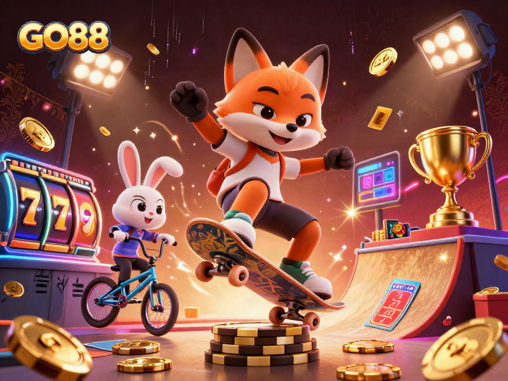 Experience thrilling gameplay at GO88 with a 3D fox and rabbit in a dynamic casino scene.
