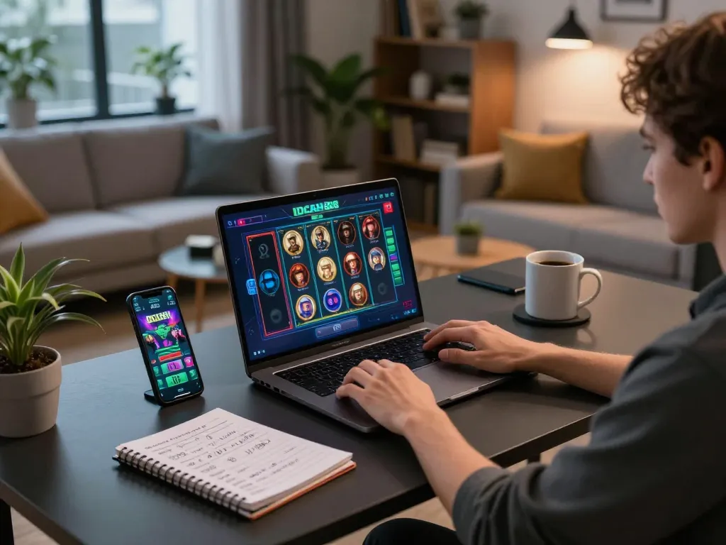 Engaging in gameplay on IDCASH 88 with exciting graphics on laptop and smartphone in cozy home setting.