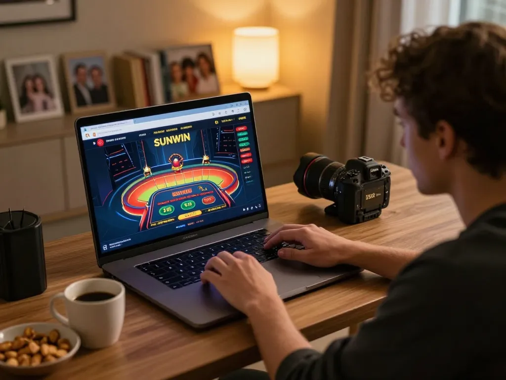 Player exploring SUNWIN online casino interface on laptop, cozy home setting with warm ambiance