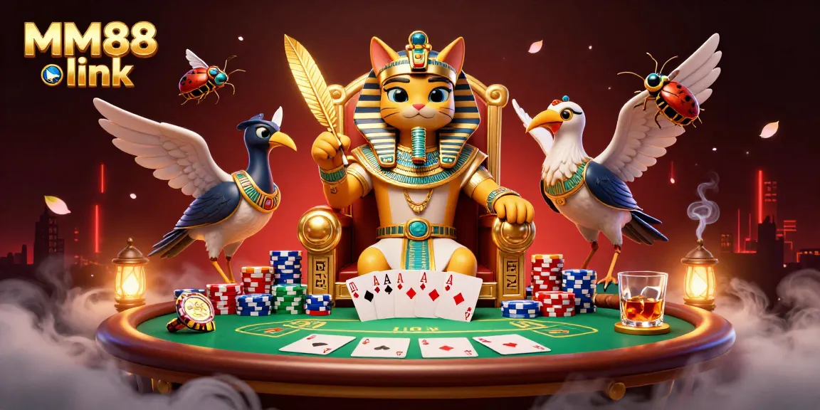 Experience the excitement of MM88 link with a captivating 3D illustration featuring a pharaoh cat and gambling elements.