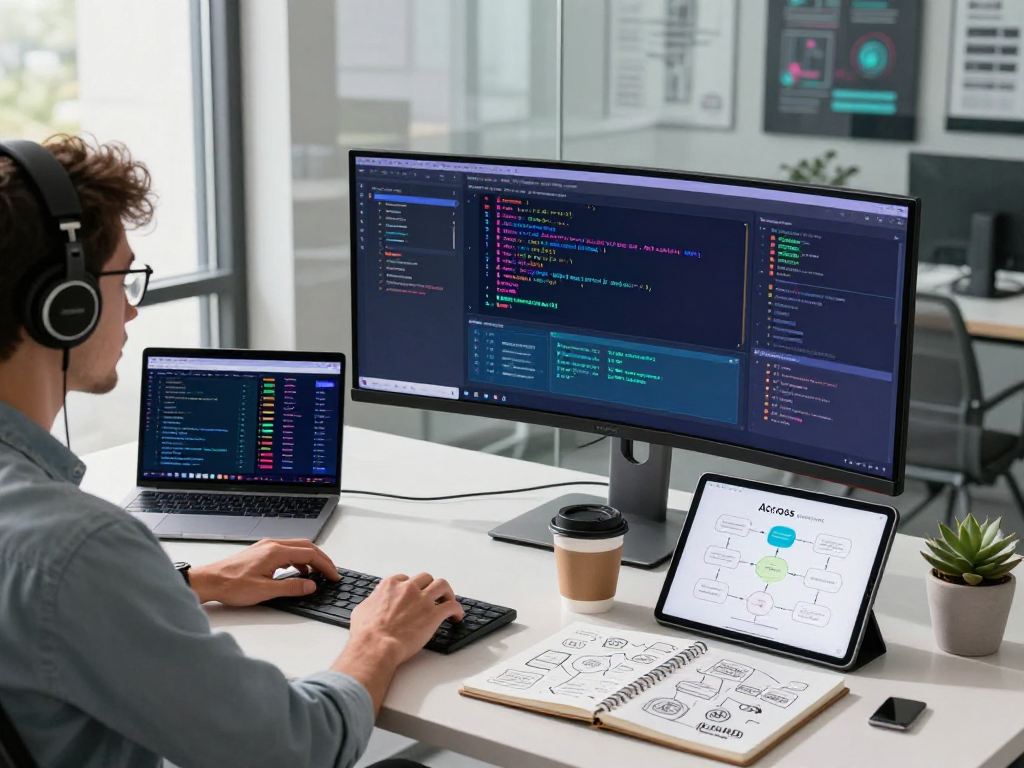Developer using acrossprotocol in a modern office, showcasing cross-chain integrations and collaboration.