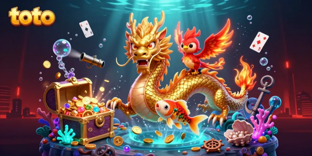 Engage with Toto-themed gaming excitement in a vibrant underwater scene featuring a golden dragon and treasures.