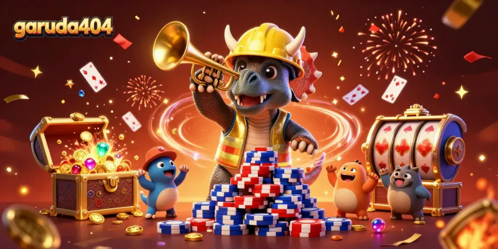 Engage in thrilling gameplay with garuda404 as cute dinosaur characters build a poker chip pyramid amid festive casino elements.