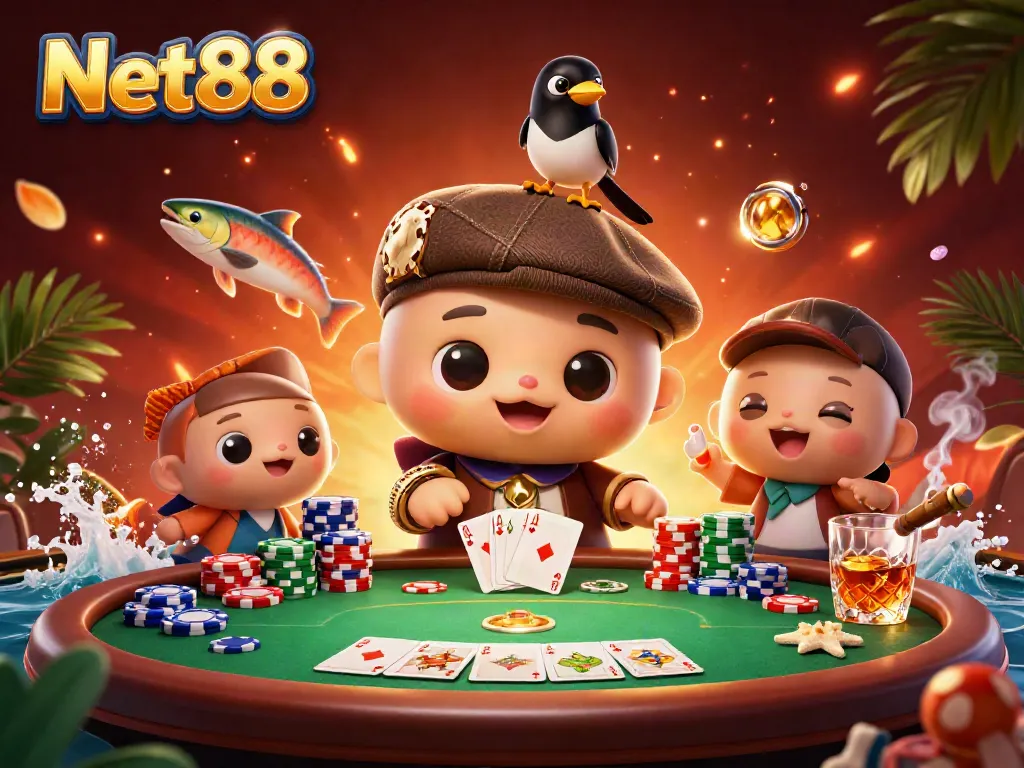 Experience Net88 with a vibrant 3D illustration of playful characters enjoying poker, celebrating the thrill of online gaming.