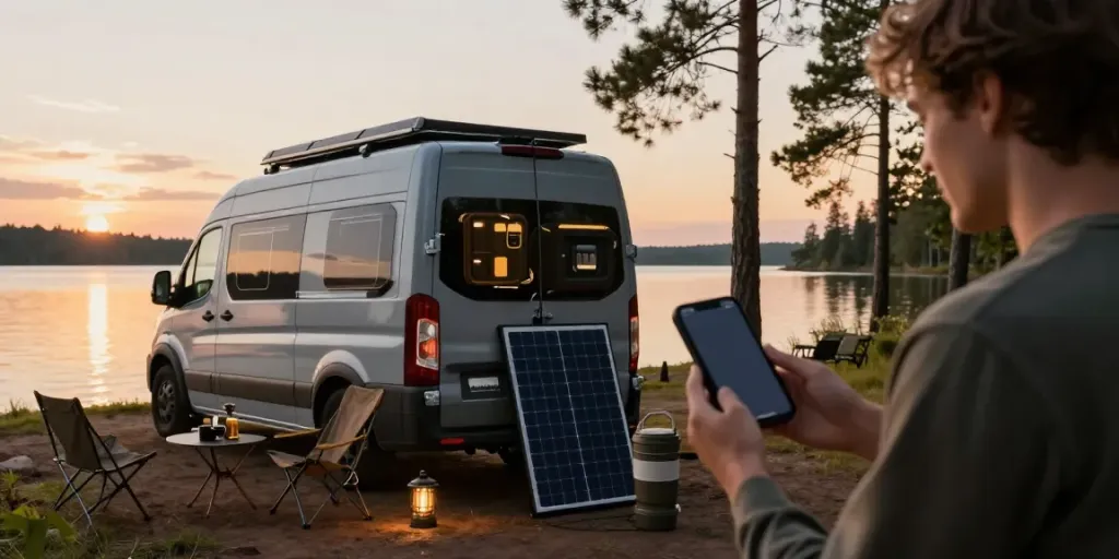 Explore rokok88's camper van electrics setup by the serene lakeside