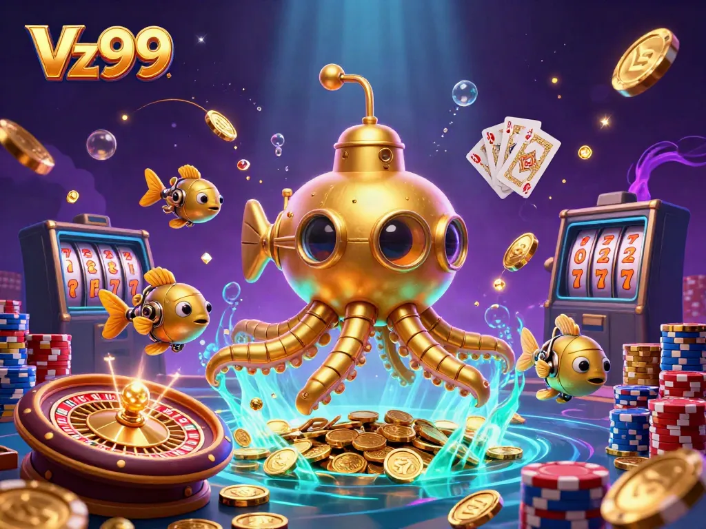 Experience thrilling gameplay at Vz99 with a golden kraken submarine amidst cascading coins and roulette.