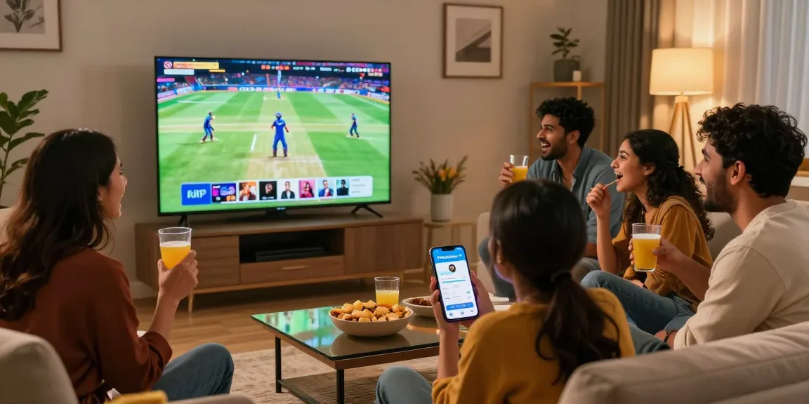 Pikashow APK streaming experience with friends enjoying an IPL cricket match in a cozy living room, showcasing excitement and modern entertainment.