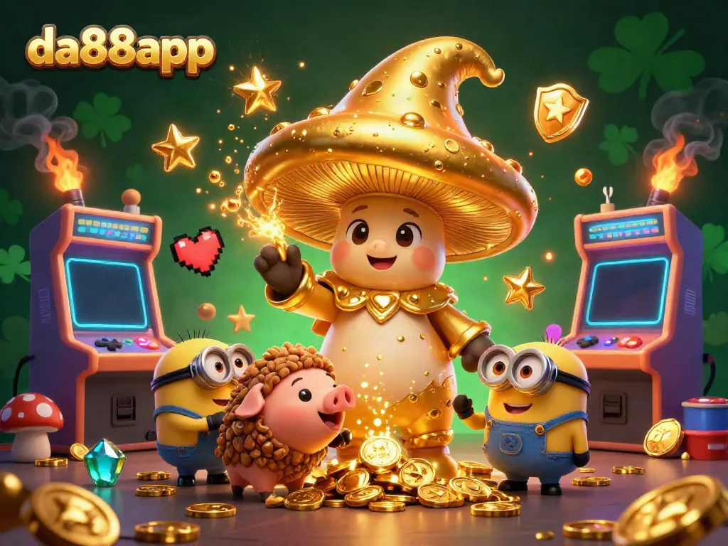 Capture a winning moment at da88app, showcasing a treasure-hunting wizard amid colorful casino game elements.