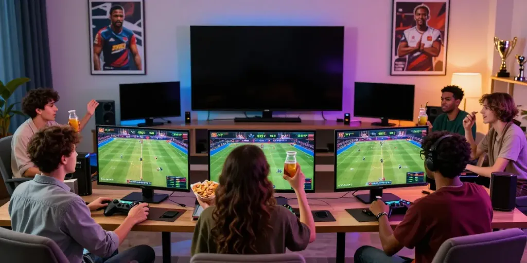 Friends excitedly participating in live betting at FABET in a vibrant gaming atmosphere